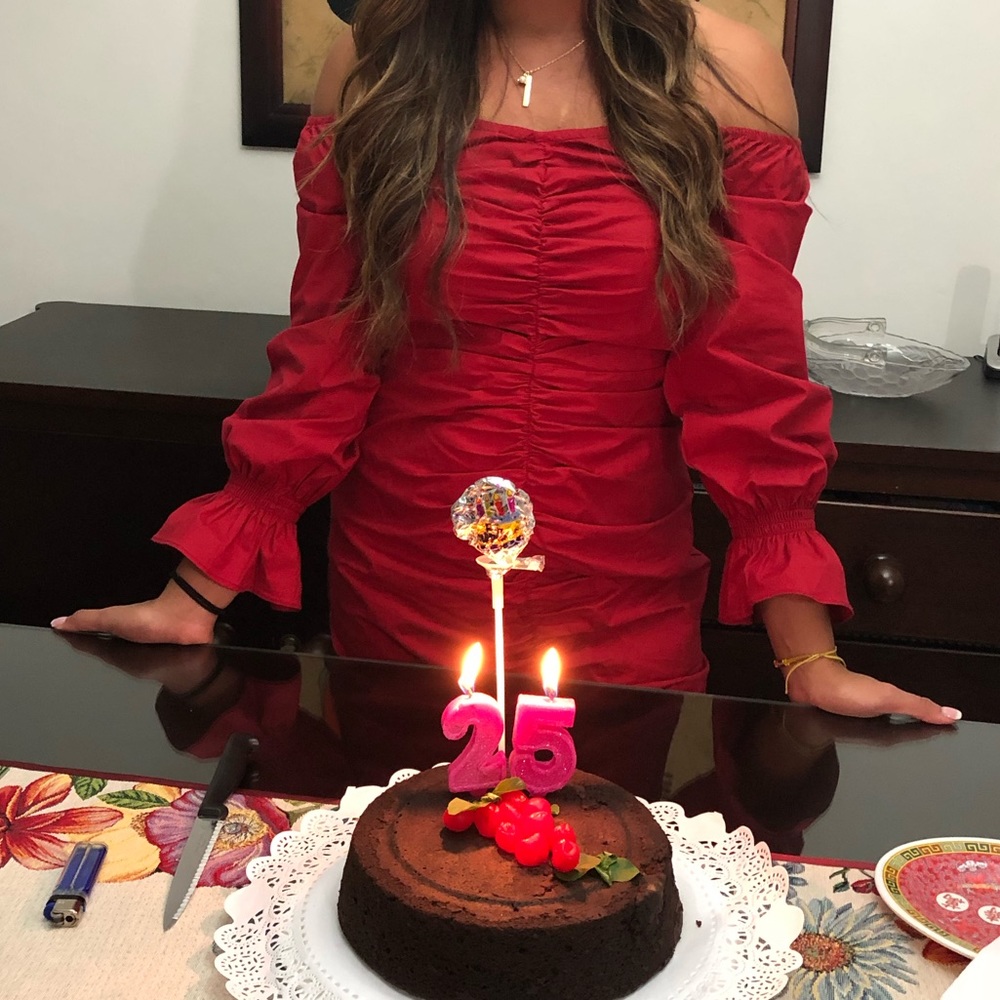 Red off shoulder dress